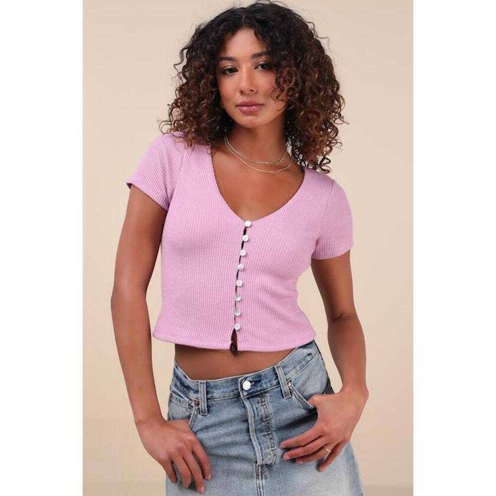 Lulus My Everyday Best Lilac Ribbed Short Sleeve Button-front Top Purple